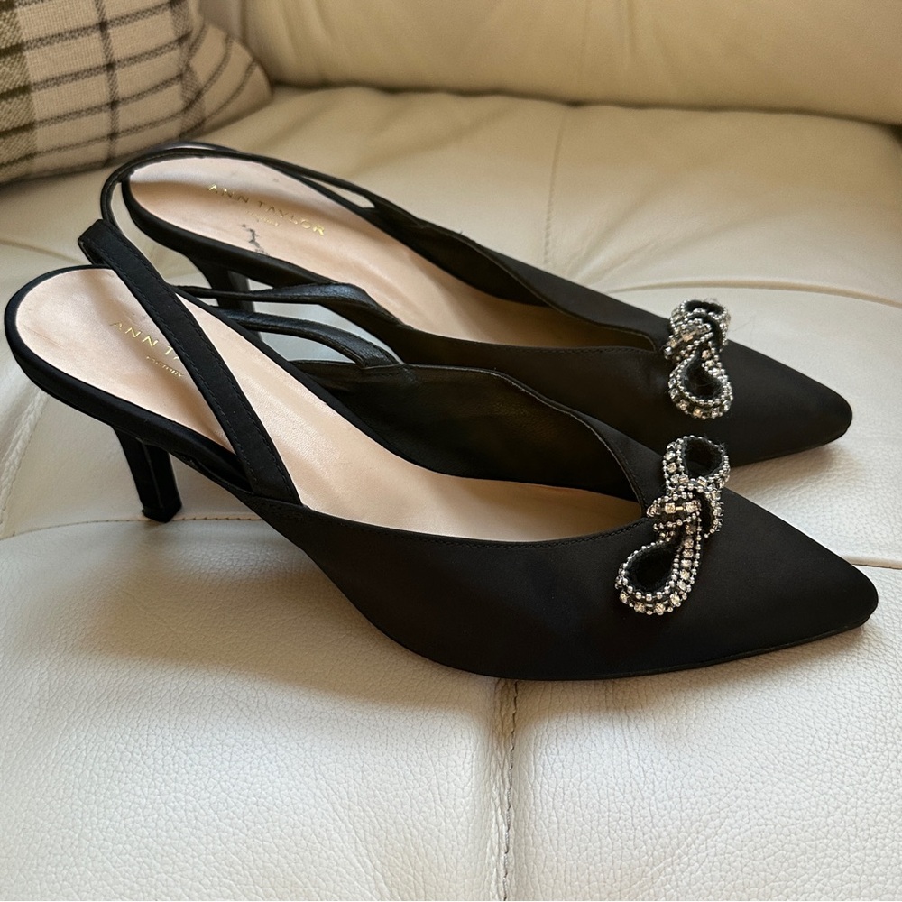 Ann Taylor Black Slingback Heels with Crystal Bow – Elegant Pointed Toe Pumps